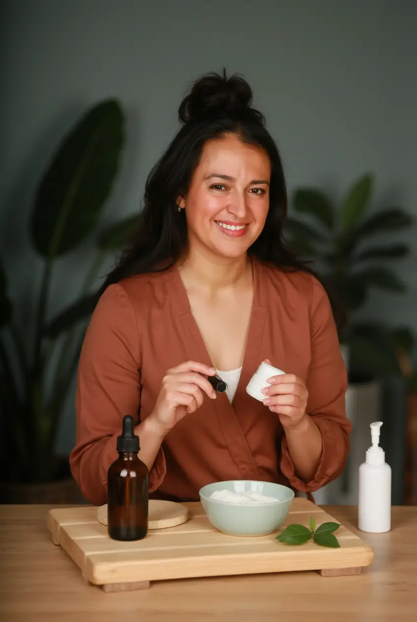Andrea Fernández, mentora de cosmética natural, sonriendo mientras sostiene un pequeño envase y un tapón de formulación, sentada ante una mesa con un bol de polvos, aceites esenciales y plantas de fondo.