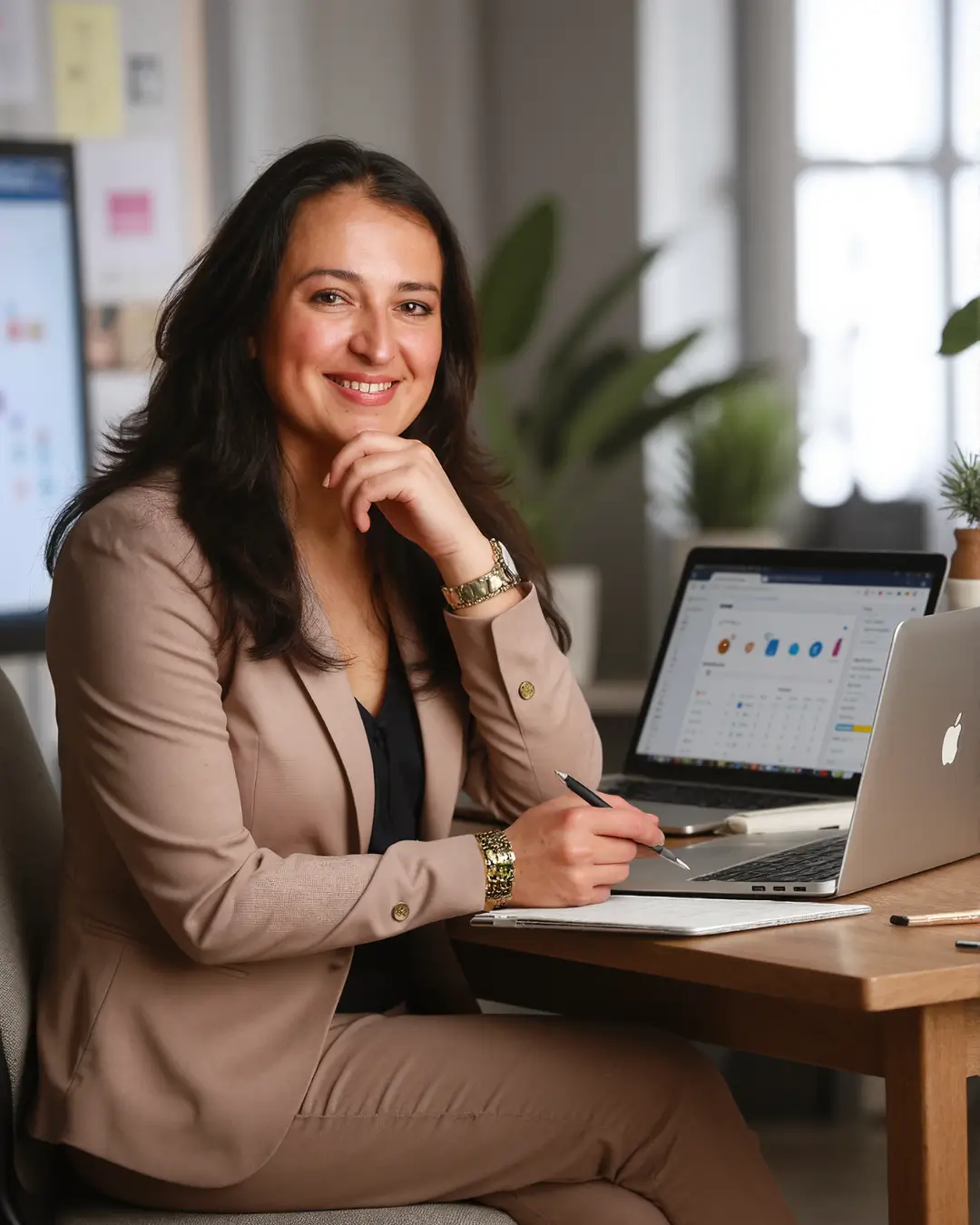 Andrea Fernández sonriendo frente a su ordenador, vestida con traje beige, representando su papel como consultora y gestora de marketing digital.