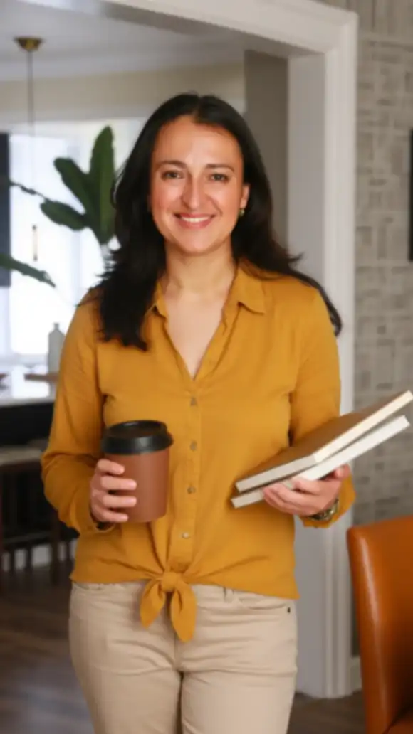 Andrea Fernández con camisa naranja, experta en marketing estratégico para emprendedoras de cosmética.