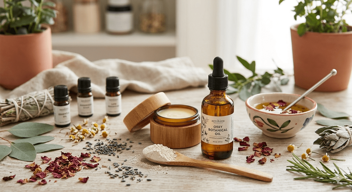 Bodegón de ingredientes de cosmética natural (aceites esenciales, plantas, mortero de madera) para marcas auténticas y artesanales.