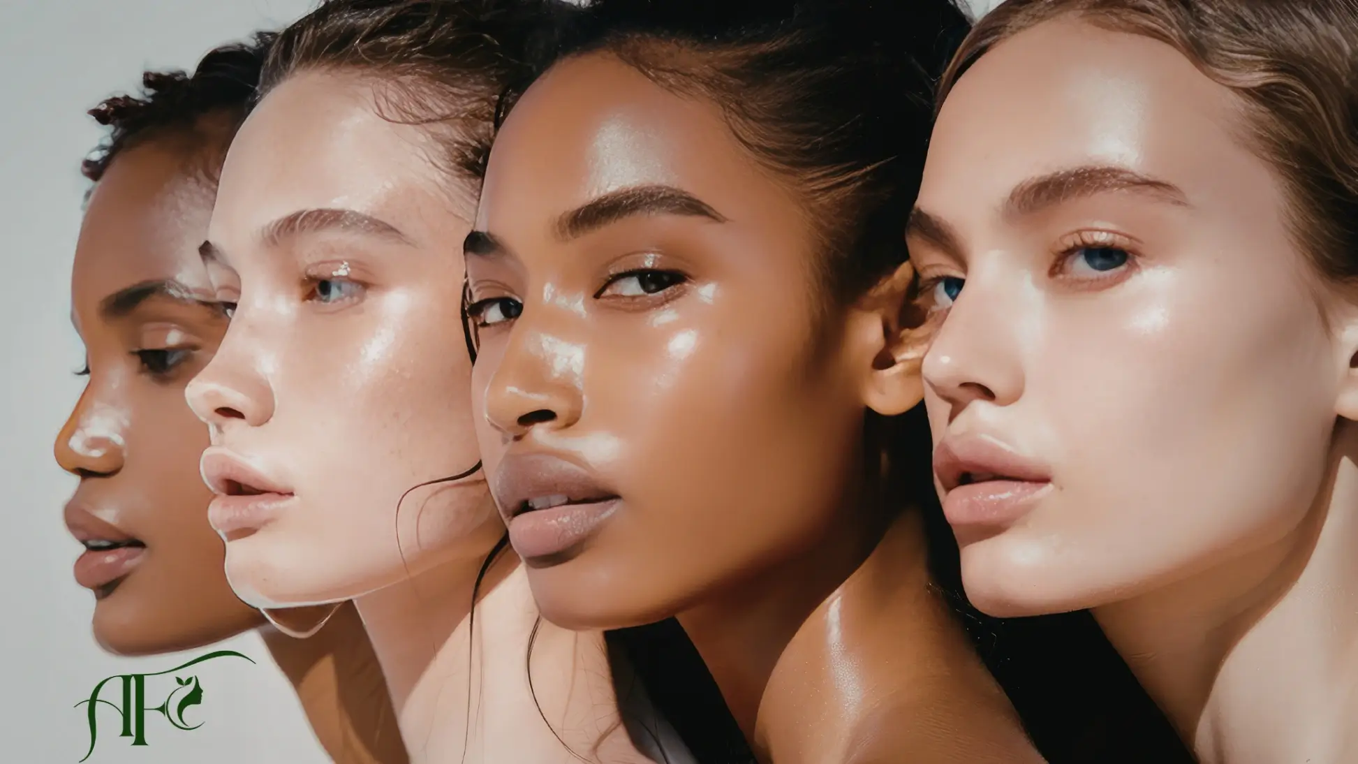 Diversidad de modelos con piel radiante y natural para campaña de marketing de marcas de cosmética natural