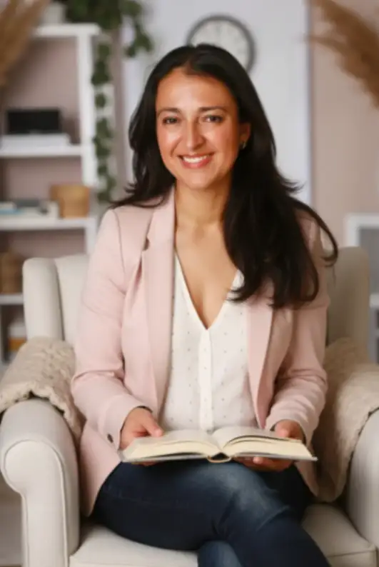 Andrea Fernández, experta en gestión de marcas cosméticas, posando con una chaqueta rosa y un libro abierto en un sillón.