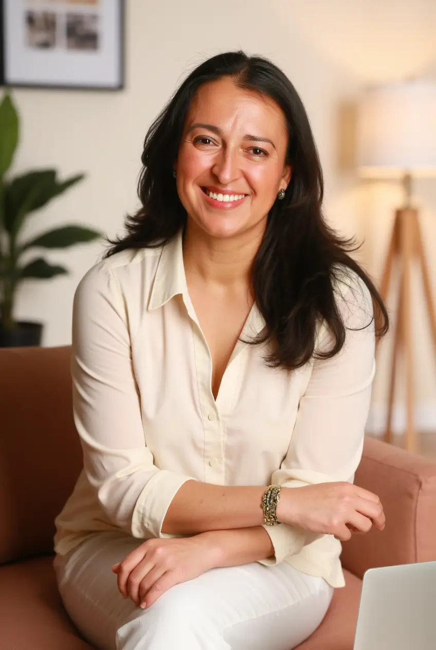 Retrato de Andrea Fernández con blusa color crema, sonriendo y con las manos cruzadas, en un entorno de oficina acogedor.