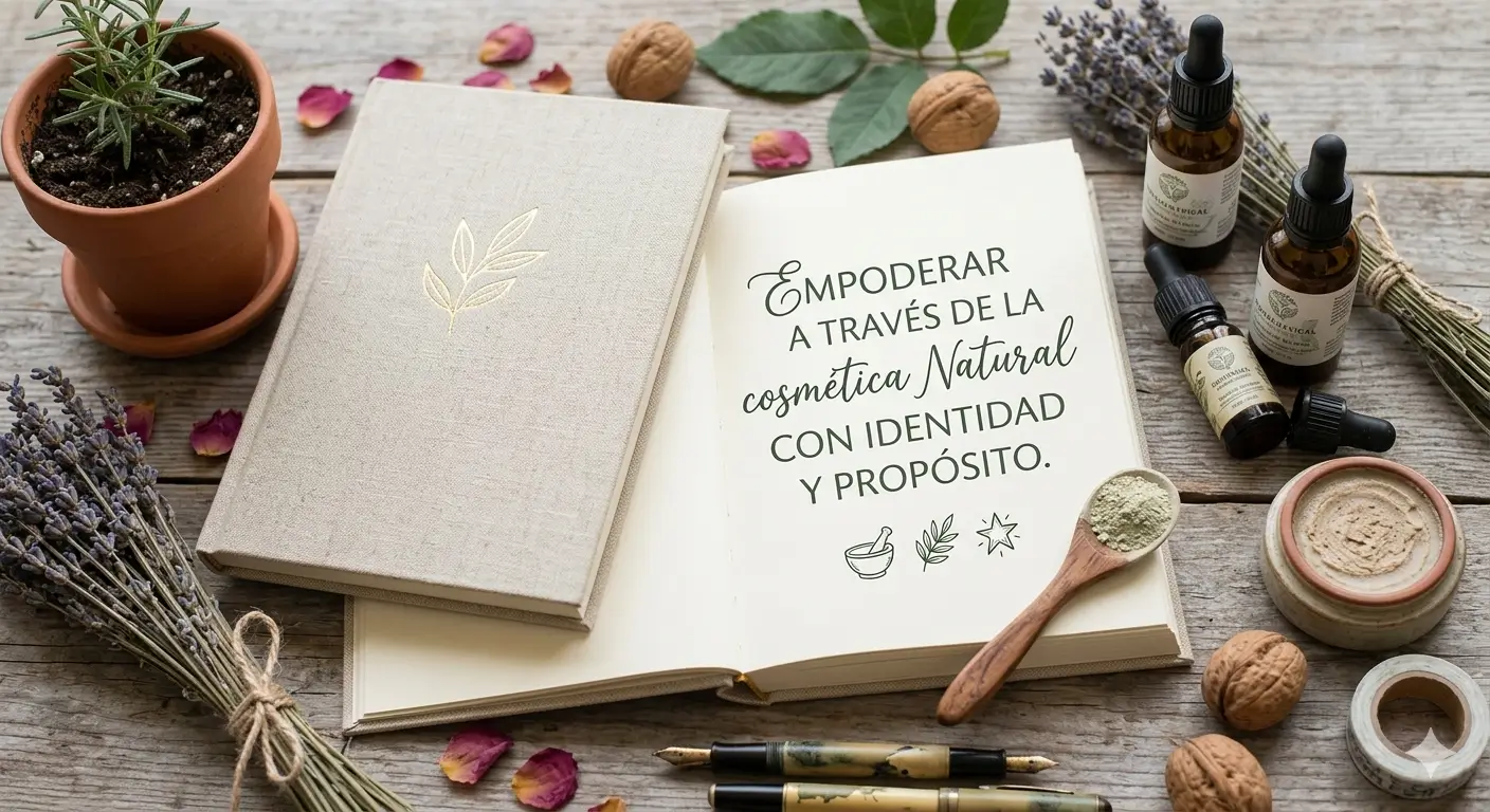 Agenda abierta con frase sobre empoderamiento y cosmética natural rodeada de aceites esenciales y plantas botánicas.
