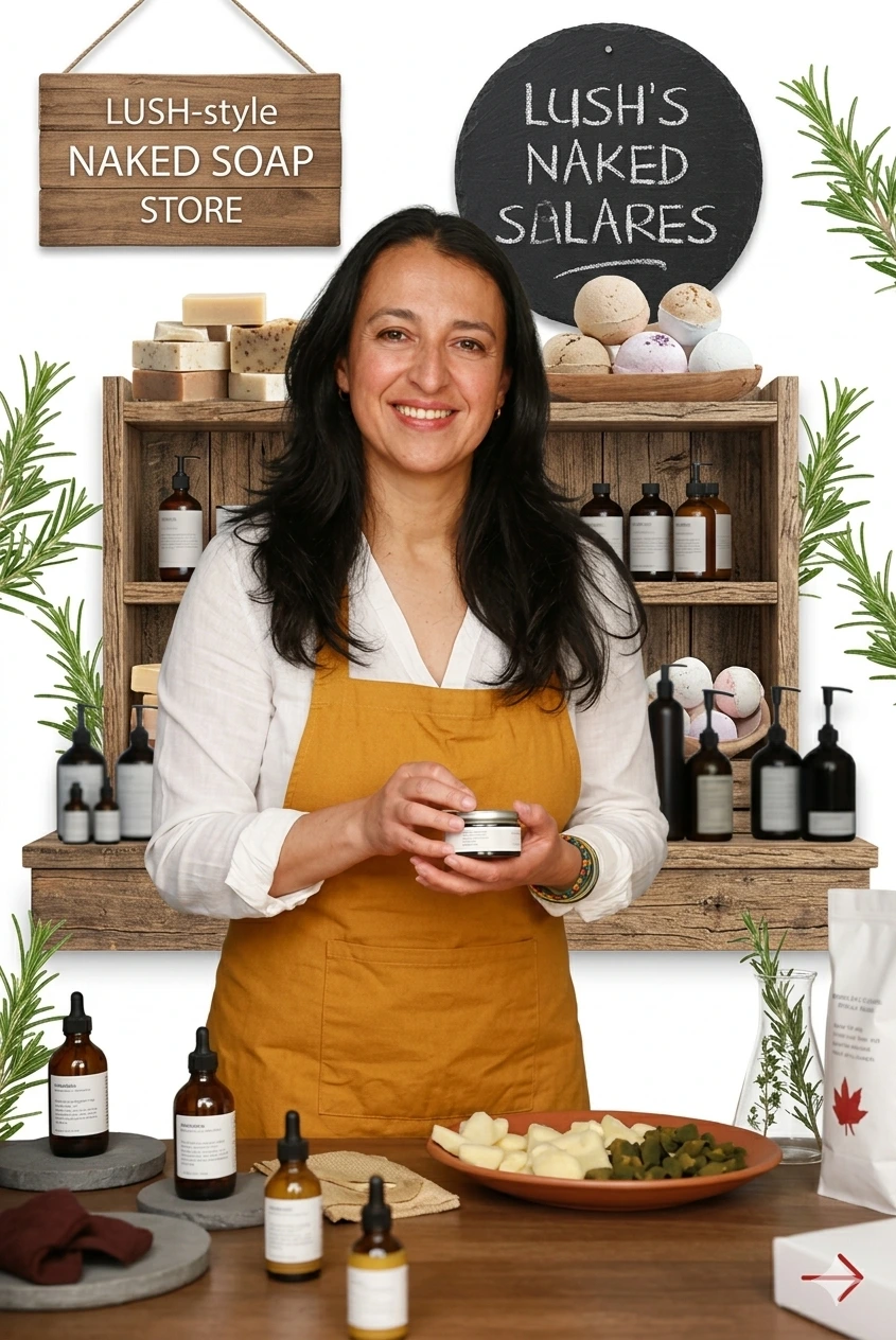 Andrea Fernández sonriendo con delantal terracota rodeada de productos cosméticos para el taller de identidad de marca verbal: definiendo el tono de voz y mensaje de marca.