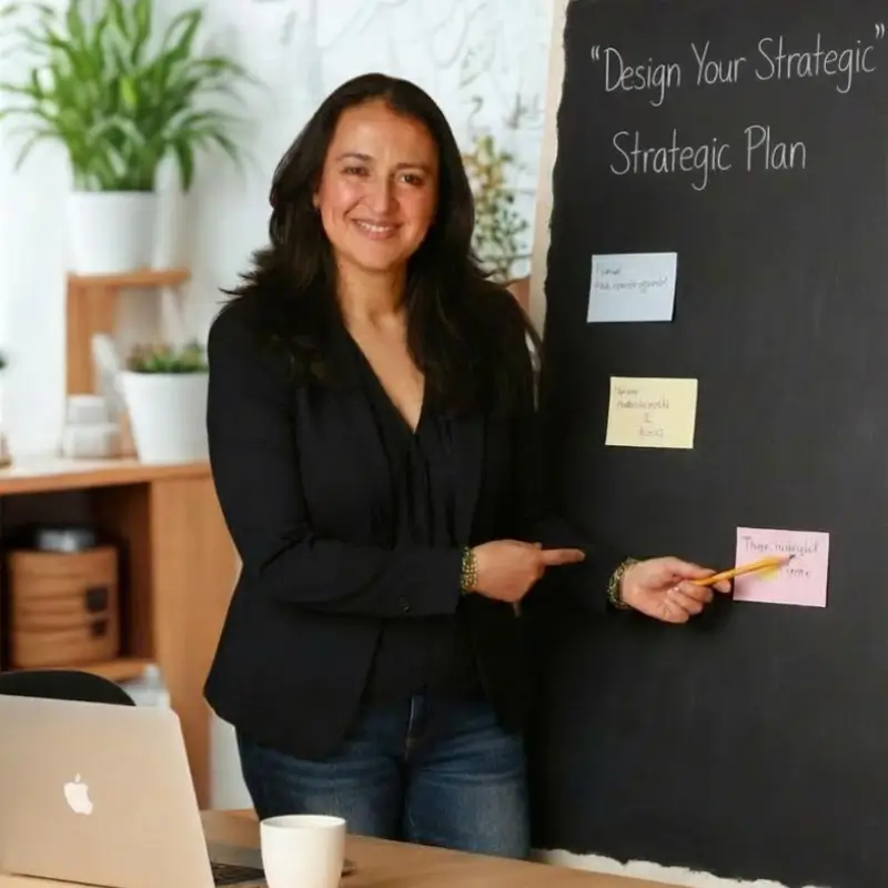 Andrea Fernández mostrando un esquema organizado de plan estratégico para emprendedoras que buscan claridad y estructura en su negocio cosmético.