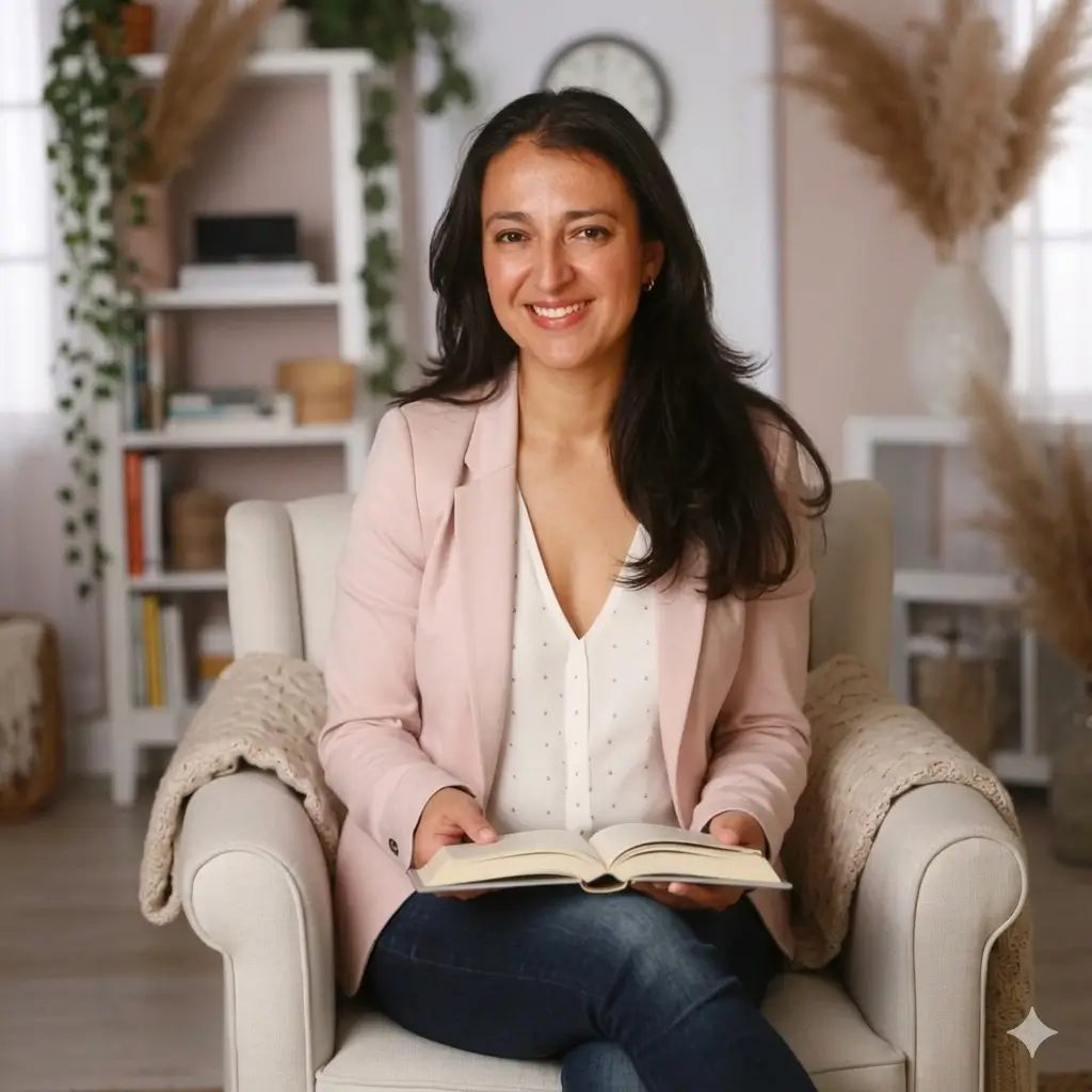 Andrea Fernández, mentora de marketing y gestión digital para marcas de cosmética natural, sentada en un ambiente profesional y cercano.