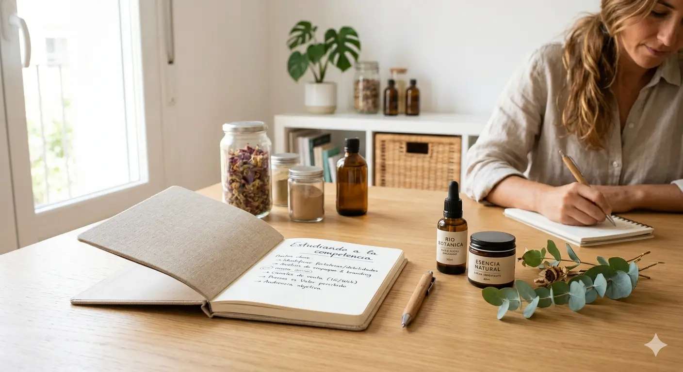 Libreta abierta con anotaciones de "Estudiando a la competencia" junto a frascos de cosmética natural en un escritorio de madera.