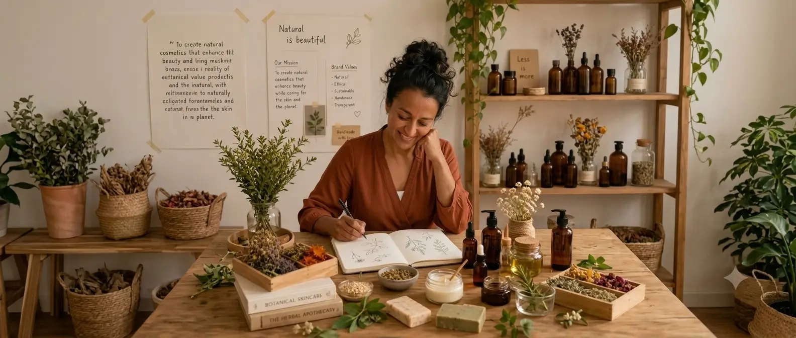 Andrea, mentora de marketing digital para marcas de cosmética natural, sonriendo en su escritorio rodeada de plantas, aceites esenciales y jabones orgánicos mientras planifica una estrategia